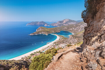 Lycian way trail and famous and popular Turkish resort town of Oludeniz, panoramic view of a...