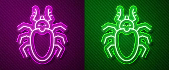 Glowing neon line Beetle deer icon isolated on purple and green background. Horned beetle. Big insect. Vector.