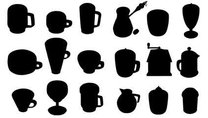 Different shapes of cups. Black silhouettes of mugs. Vector illustration