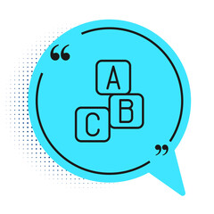 Black line ABC blocks icon isolated on white background. Alphabet cubes with letters A,B,C. Blue speech bubble symbol. Vector.