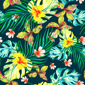 lush tropical plants seamless pattern, floral print on black background, watercolor illustration.