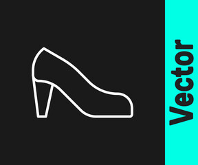 White line Woman shoe with high heel icon isolated on black background. Vector.