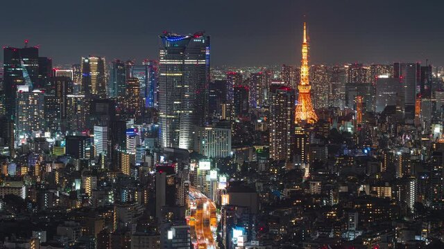 Aerial view of Tokyo skyline with Tokyo Tower and traffic