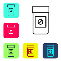 Black line Sports doping, anabolic drugs icon isolated on white background. Anabolic steroids tablet. Pills in jar. Set icons in color square buttons. Vector.