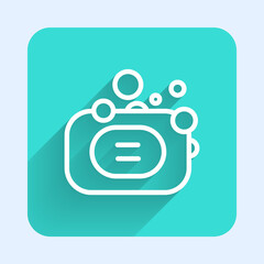 White line Bar of soap icon isolated with long shadow. Soap bar with bubbles. Green square button. Vector.
