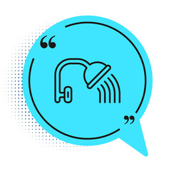 Black line Shower head with water drops flowing icon isolated on white background. Blue speech bubble symbol. Vector.