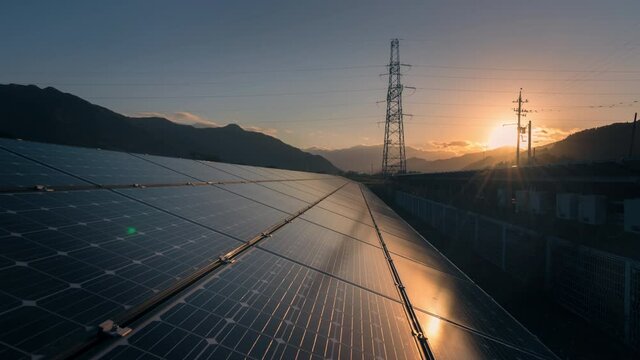 4K Time-lapse  large industrial Solar Energy Farm producing concentrated solar power.Concept for ecology.Night to day