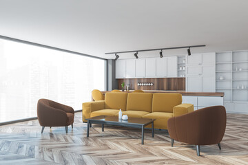 Brown and yellow apartment with sofa and kitchen, furniture on wooden parquet