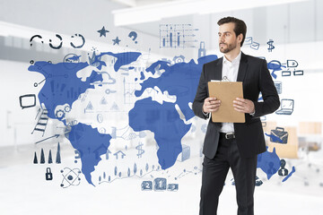 Man with documents in office, business sketch