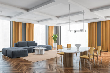 Living room with yellow and grey furniture, chairs and sofa and big windows