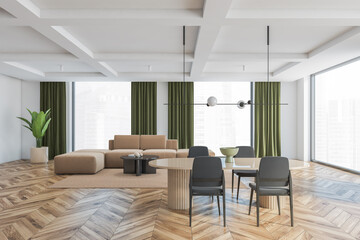 Fototapeta na wymiar Living room with brown and grey furniture, chairs and sofa and big windows