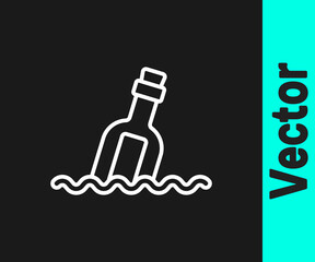 White line Glass bottle with a message in water icon isolated on black background. Letter in the bottle. Pirates symbol. Vector.