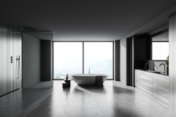 Gray and wooden bathroom interior