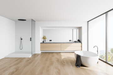 Fototapeta na wymiar White and wooden bathroom with tub, shower and sink