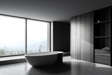 Gray and wooden bathroom corner with tub and window