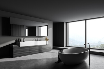 Naklejka na ściany i meble Gray and wooden bathroom corner with tub and double sink