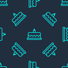 Green line Cake with burning candles icon isolated seamless pattern on blue background. Happy Birthday. Vector.