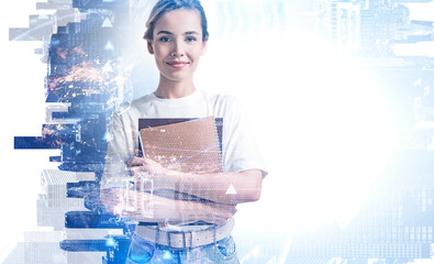 Confident woman in city, network interface
