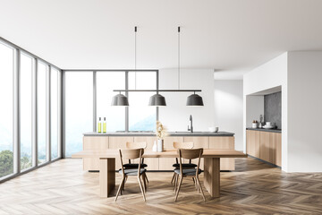 White and wooden kitchen interior with table