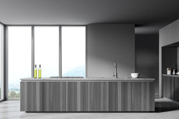 Gray and wooden kitchen interior with island