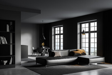 Dark gray living room corner with sofa