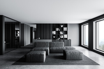 Gray and wooden waiting room with reception and sofa