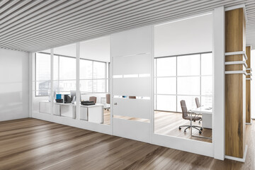 Gray and wooden office hall interior