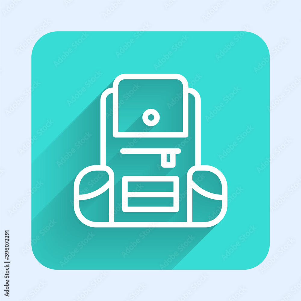 Poster white line hiking backpack icon isolated with long shadow. camping and mountain exploring backpack. 