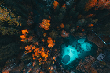 Aerial photo of geyser lake in Aktash village in Altai, Russia