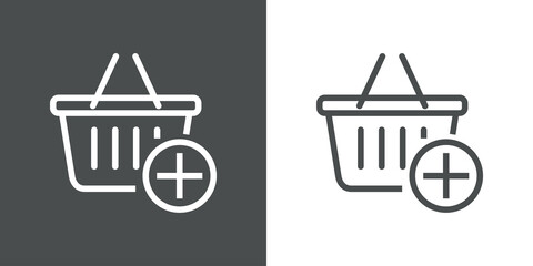 Añadir a cesta de compra. Cesta de compra con símbolo más con lineas en fondo gris y fondo blanco © teracreonte