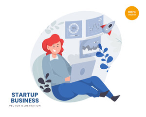 Startup idea vector illustration concept for landing page template, project business launch with rocket entrepreneur innovative idea tiny person, new product or service start process. Flat Style