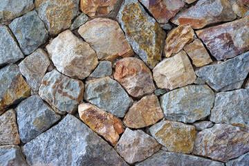 modern old hard stone stack or rock wall and vintage brown gray granite floor or black yellow jigsaw on top view for strong background or texture backdrop and wallpaper with architecture construction