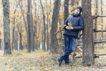 a boy posing near wooden fence and enjoys autumn in city park, beautiful nature with yellow leaves