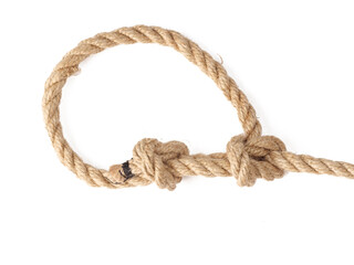 Bowline knot made of hemp rope on a white background.