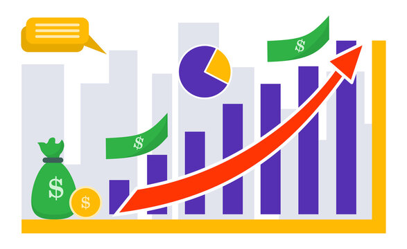 vector graphic illustration of daigram financial rising with up arrow, business success, symbol, achievement report, stock, money in sack, financial diagram,