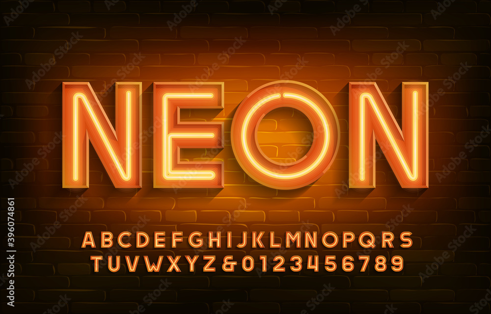Fototapete neon alphabet font. 3d neon light letters and numbers. brick wall background. stock vector typescrip