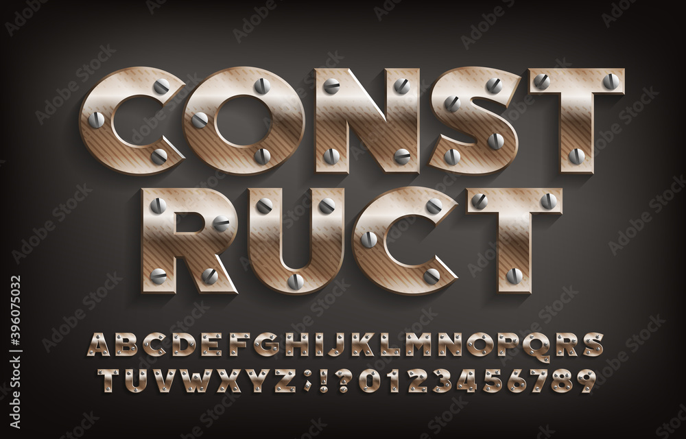 Fototapete construct alphabet font. metallic letters and numbers with screws. stock vector typeface for your de