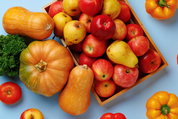 Pumpkins, apples and bell pepper composition on blue background