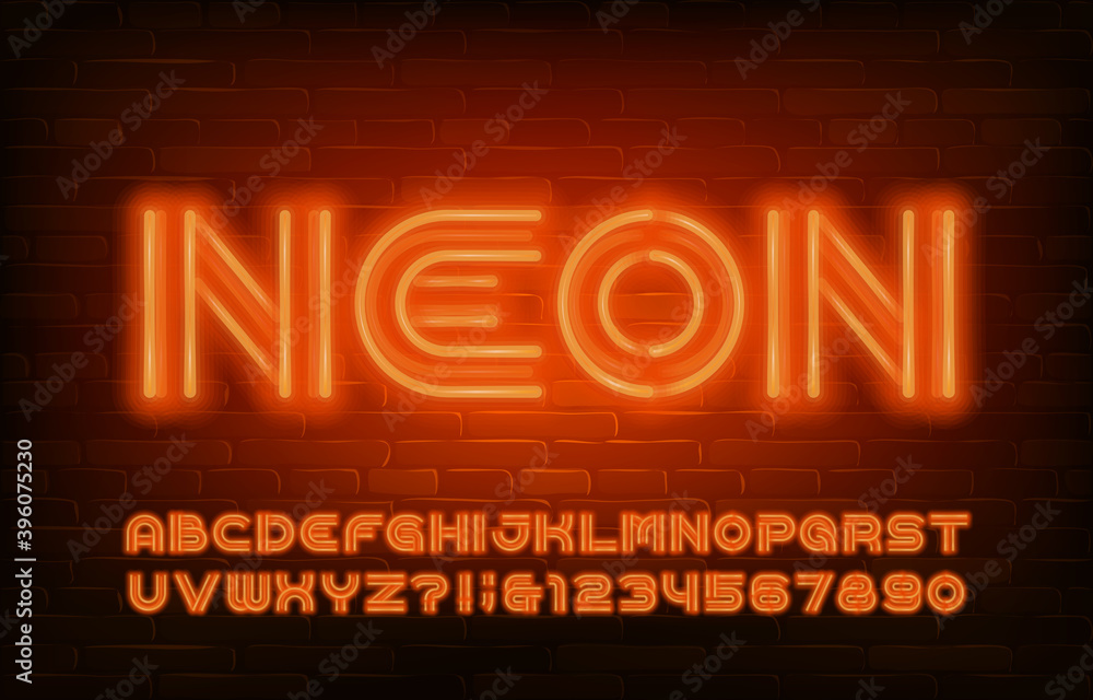Fototapete neon alphabet font. orange neon light letters and numbers in 70s style. stock vector typescript for 
