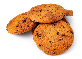 Pile of chocolate chip cookies isolated on white background