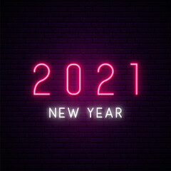 Neon 2021 sign. Bright glowing 2021 New Year signboard in neon style. Stock vector illustration.