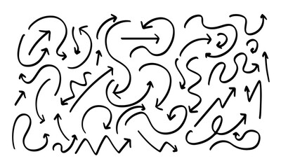 Set of hand-drawn arrows in black. Creative design elements direction of movement of various shapes. Vector illustration concept