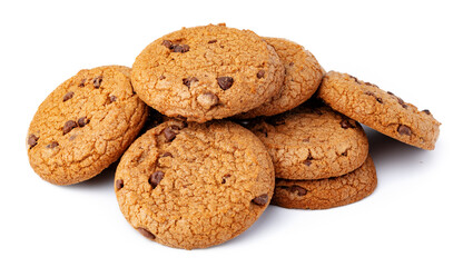 Pile of chocolate chip cookies isolated on white background