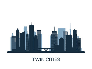 Obraz na płótnie Canvas Twin Cities skyline, monochrome silhouette. Vector illustration.