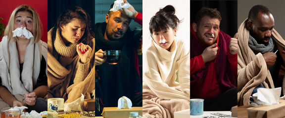 Fototapeta premium Tired. Young people wrapped in a plaid looks sick, ill, sneezing and coughing. Multiethnic group collage. Healthcare and medicine, ill prevention, seasonal illness symptoms and self-protection. Flyer