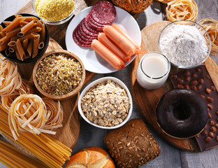 Fototapeta na wymiar Composition with variety of food products containing gluten