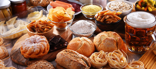Composition with variety of food products containing gluten - obrazy, fototapety, plakaty