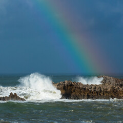 Obraz premium Rainbow, Cantabrian Sea, Islares, Castro Urdiales Municipality, Cantabria, Spain, Europe