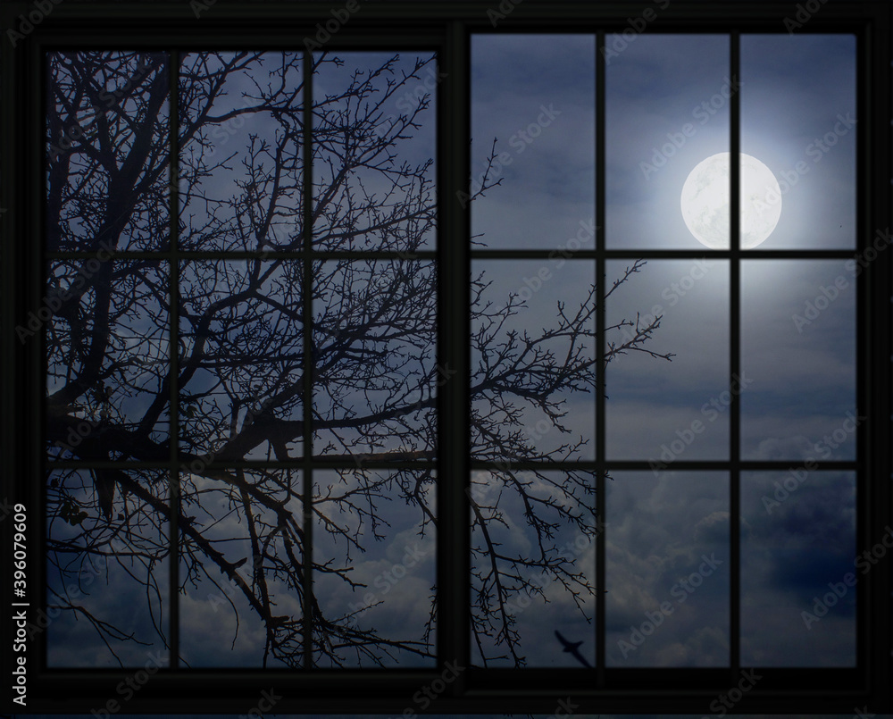 Wall mural full moon view through the window frame