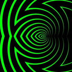 many variations in neon green geometric symmetric patterns on black background with white labyrinth type grid